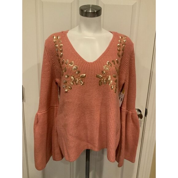 Miss Me Pink Knit Sweater  W/ Gold Sequins & Flounce Sleeves, Size L - Picture 1 of 10